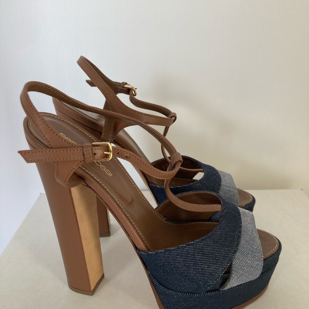 Sergio Rossi Brown Leather and Denim Blue Platform Heels